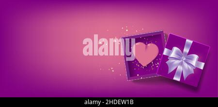 Valentine hearts with gift box greeting card. Flying pink balloons on purple background. Vector Stock Vector