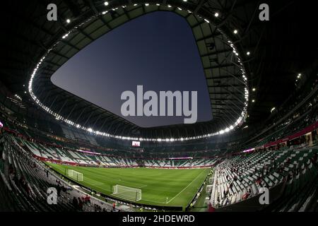 General view inside the Education City Stadium in Al Rayyan, Qatar, with a sunset in the sky. Taken during the FIFA Arab Cup in the build up to the 2022 FIFA World Cup. Photo by MB Media 10/12/2021 Stock Photo