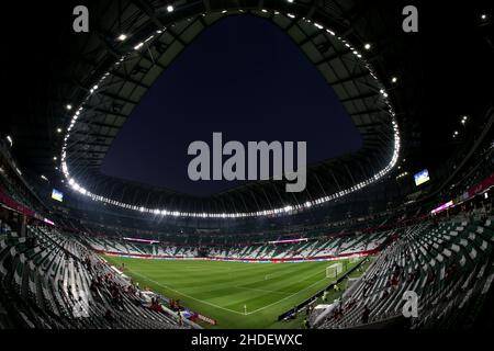 General view inside the Education City Stadium in Al Rayyan, Qatar, with a sunset in the sky. Taken during the FIFA Arab Cup in the build up to the 2022 FIFA World Cup. Photo by MB Media 10/12/2021 Stock Photo