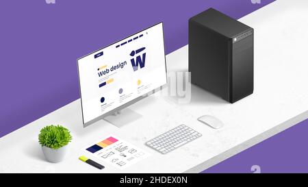 Web design studio concept with company page on computer display, and color palette on work desk. Isometric position Stock Photo