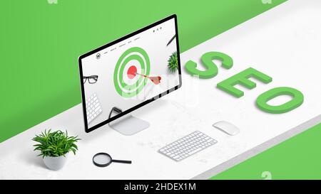 SEO target audience concept with web page with arrow stuck in the target. Office desk with computed display, magnifier, keyboard and mouse. Isometric Stock Photo