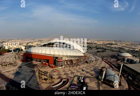 General view outside the Khalifa Stadium in Doha, Qatar. Taken from the Torch Hotel in the build up to the 2022 FIFA World Cup. Photo by MB Media 14/12/2021 Stock Photo