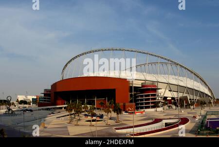 General view outside the Khalifa Stadium in Doha, Qatar. Taken in the build up to the 2022 FIFA World Cup. Photo by MB Media 14/12/2021 Stock Photo