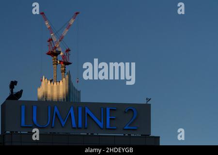 Construction cranes above the unusual architecture atop the Tokyu Kabukicho Tower in Shinjuku, Tokyo, Japan. Stock Photo