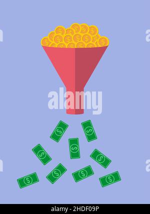 Funnel changing coin into bills on blue background Stock Vector