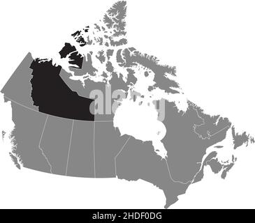 Black flat blank highlighted locator administrative map of the Canadian territory of NORTHWEST TERRITORIES inside gray flat map of CANADA Stock Vector