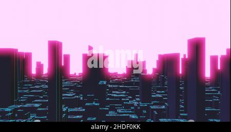 3D CGI rendered illustration. Retro anime inspired dark city at night skyline with buildings, skyscrapers and digital pink neon sky.low