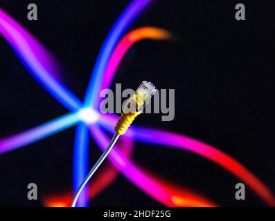Internet cable and yellow ethernet connector in close up against a colourful background. Stock Photo