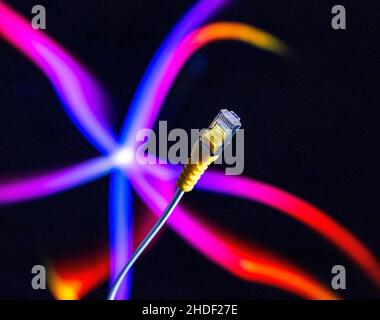 Internet cable and yellow ethernet connector in close up against a colourful background. Stock Photo