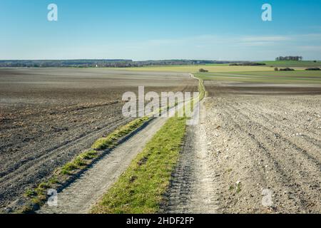 A long dirt road through a plowed field Stock Photo