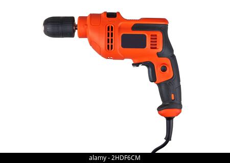 Orange electric drill with cable isolated on white with clipping path Stock Photo