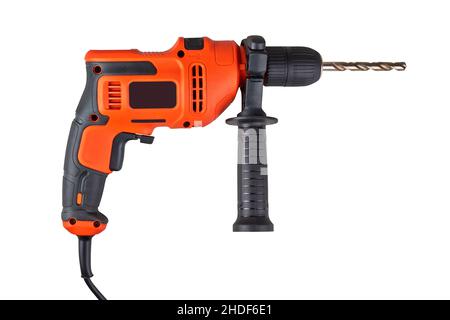 Orange electric drill with cable isolated on white with clipping path Stock Photo