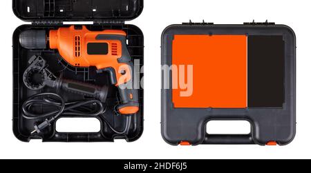 Orange electric drill with cable in his case isolated on white with clipping path Stock Photo