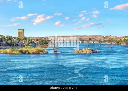 nile river, aswan, felucca, nile, nile rivers, aswans, feluccas Stock Photo