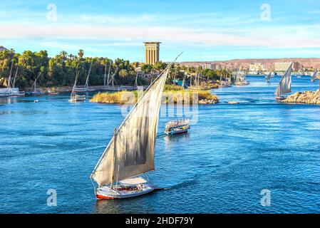 nile river, aswan, felucca, nile, nile rivers, aswans, feluccas Stock Photo