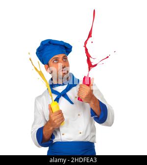 ketchup, mustard, splash, cook, ketchups, mustards, spatter, splashes, cooks Stock Photo
