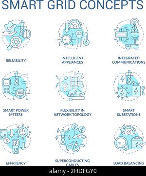 Smart grid turquoise concept icons set Stock Vector