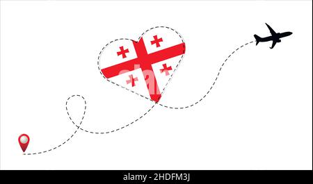 Airplane flight route with Georgia flag inside the heart. Travel to your favorite country. Stock Vector