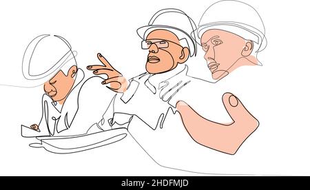 Continuous line drawing of worker with tablet Stock Vector