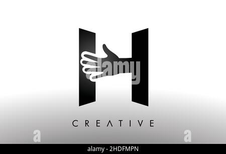 Letter H Logo with Hand Vector Icon Illustration. Creative Hand Logo Letter in Black and White with hand silhouette. Stock Vector