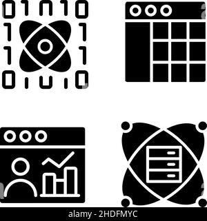 Science data mining black glyph icons set on white space Stock Vector