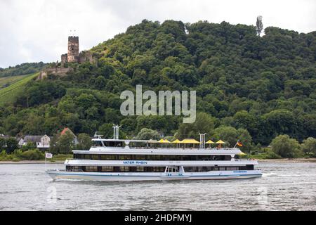 Trip with the excursion boat Vater Rhein in the Upper Middle Rhine Valley, UNESCO World Heritage Site, Fürstenberg Castle Ruins, Rhineland-Palatinate, Stock Photo