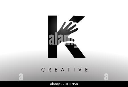Letter K Logo with Hand Vector Icon Illustration. Creative Hand Logo Letter in Black and White with hand silhouette. Stock Vector