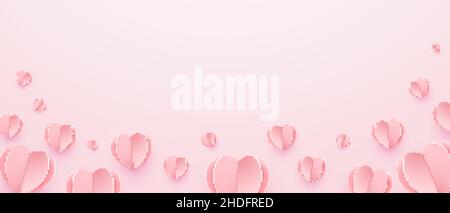 Flying hearts on pink background. Place for your text. Paper cut decorations for Happy Women's, Mother's, Valentine's Day, weddings, birthday. Stock Vector