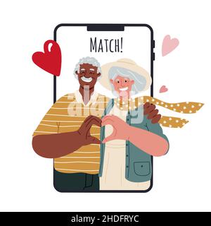 Online dating for seniors,finding soul mate with mobile app.Valentines day Stock Vector