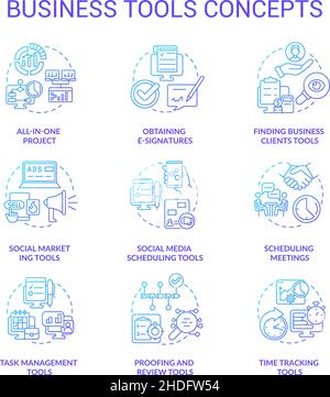 Business tools blue gradient concept icons set Stock Vector