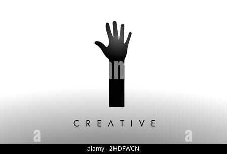 Letter I Logo with Hand Vector Icon Illustration. Creative Hand Logo Letter in Black and White with hand silhouette. Stock Vector