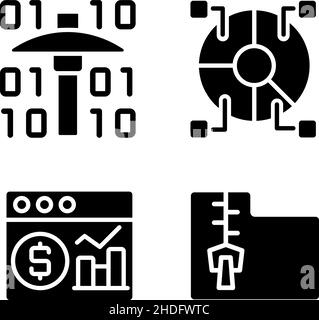 Financial data mining black glyph icons set on white space Stock Vector