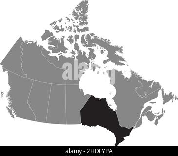 Black flat blank highlighted locator administrative map of the Canadian province of ONTARIO inside gray flat map of CANADA Stock Vector