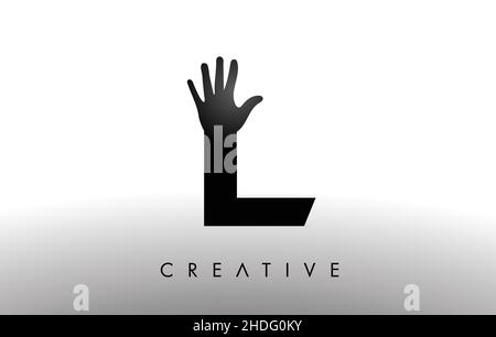 Letter L Logo with Hand Vector Icon Illustration. Creative Hand Logo Letter in Black and White with hand silhouette. Stock Vector
