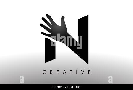 Letter N Logo with Hand Vector Icon Illustration. Creative Hand Logo Letter in Black and White with hand silhouette. Stock Vector