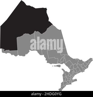 Black flat blank highlighted location map of the KENORA DISTRICT inside gray administrative map of the Canadian province of Ontario, Canada Stock Vector