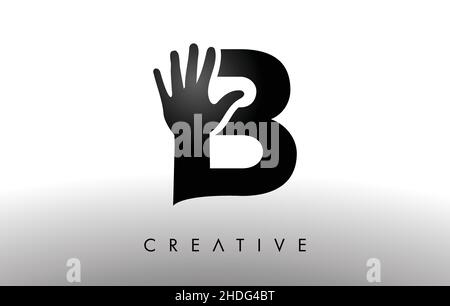 Letter B Logo with Hand Vector Icon Illustration. Creative Hand Logo Letter in Black and White with hand silhouette. Stock Vector
