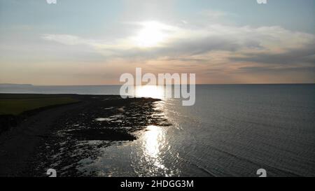 Aerial Photograph of Llanrhystud Beach, lime Kilns, Sea and Village. Stock Photo