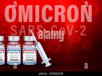 Omicron COVID-19 vaccine bottles and syringe, web banner. Covid vaccines have to be updated for new SARS-CoV-2 (B.1.1.529). Text Omicron and red virus Stock Vector