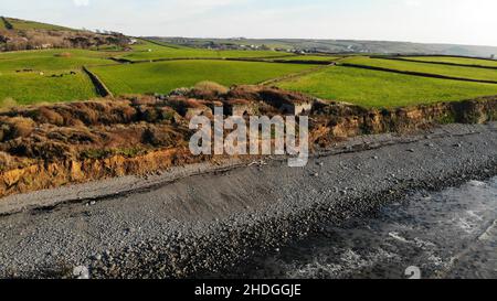 Aerial Photograph of Llanrhystud Beach, lime Kilns, Sea and Village. Stock Photo