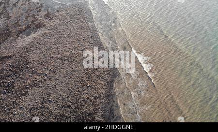 Aerial Photograph of Llanrhystud Beach, lime Kilns, Sea and Village. Stock Photo