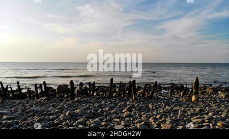 Aerial Photograph of Llanrhystud Beach, lime Kilns, Sea and Village. Stock Photo