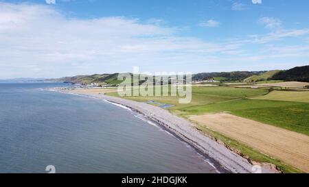 Aerial Photograph of Llanrhystud Beach, lime Kilns, Sea and Village. Stock Photo