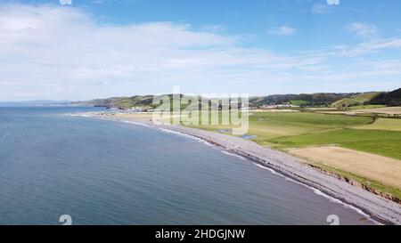 Aerial Photograph of Llanrhystud Beach, lime Kilns, Sea and Village. Stock Photo