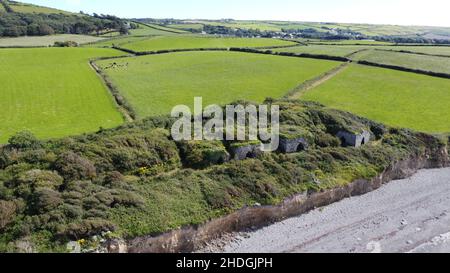 Aerial Photograph of Llanrhystud Beach, lime Kilns, Sea and Village. Stock Photo