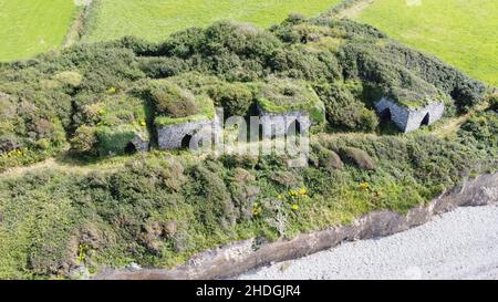 Aerial Photograph of Llanrhystud Beach, lime Kilns, Sea and Village. Stock Photo