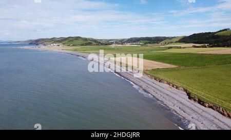 Aerial Photograph of Llanrhystud Beach, lime Kilns, Sea and Village. Stock Photo