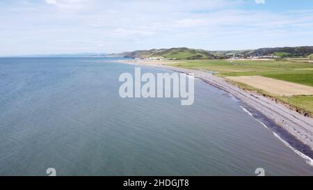 Aerial Photograph of Llanrhystud Beach, lime Kilns, Sea and Village. Stock Photo