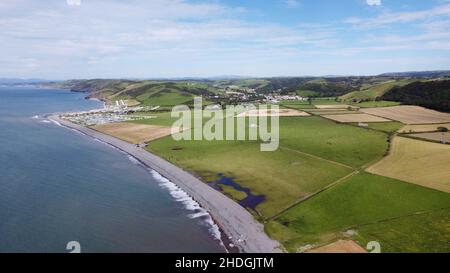 Aerial Photograph of Llanrhystud Beach, lime Kilns, Sea and Village. Stock Photo