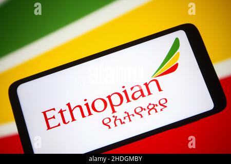 In this photo illustration, Ethiopian Airlines logo seen displayed on a smartphone screen. (Photo by Pavlo Gonchar / SOPA Images/Sipa USA) Stock Photo